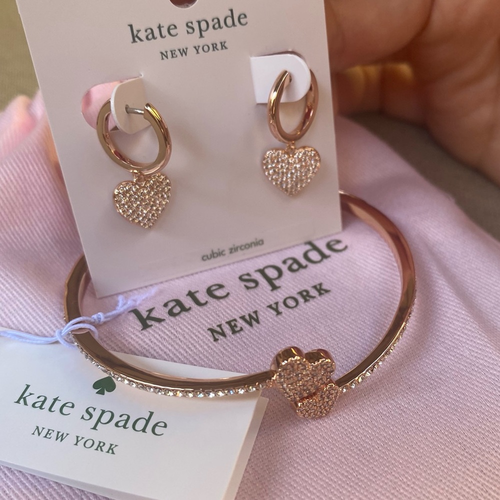 NWT Kate Spade New York Yours Truly Pave Heart Drop Earrings & Open Hinge Cuff